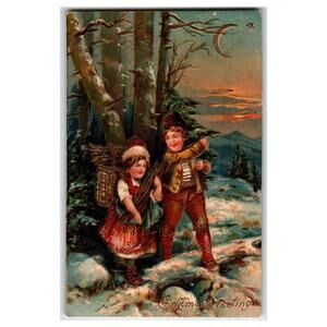 Vintage Embossed Christmas Postcard Children Carrying Firewood Moon